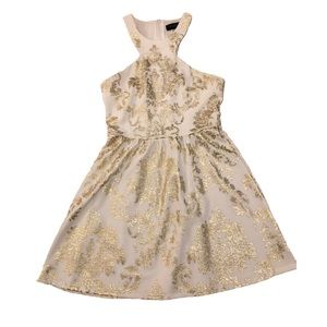 B. Darlin Juniors’ Homecoming Halter Dress, Size 7/8, White and Gold